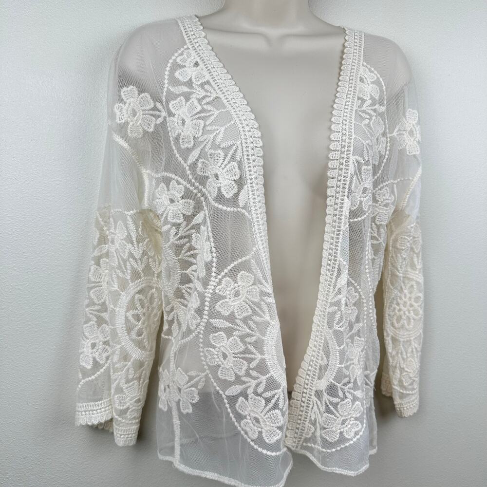 Embroidered Sheer Mesh Lace Open Cardigan Floral Cream M Cottagecore Festival - Picture 2 of 10